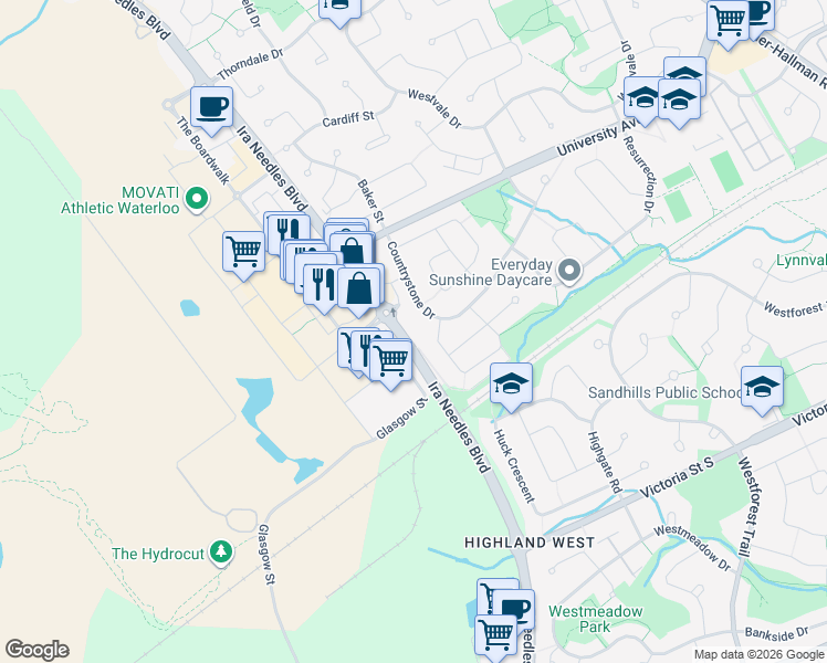 map of restaurants, bars, coffee shops, grocery stores, and more near 1331 Countrystone Drive in Kitchener