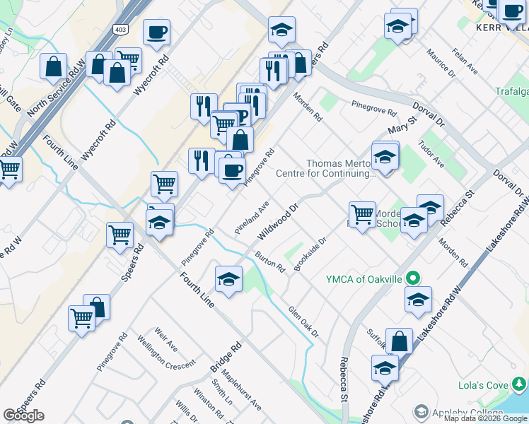 map of restaurants, bars, coffee shops, grocery stores, and more near 490 Pineland Avenue in Oakville