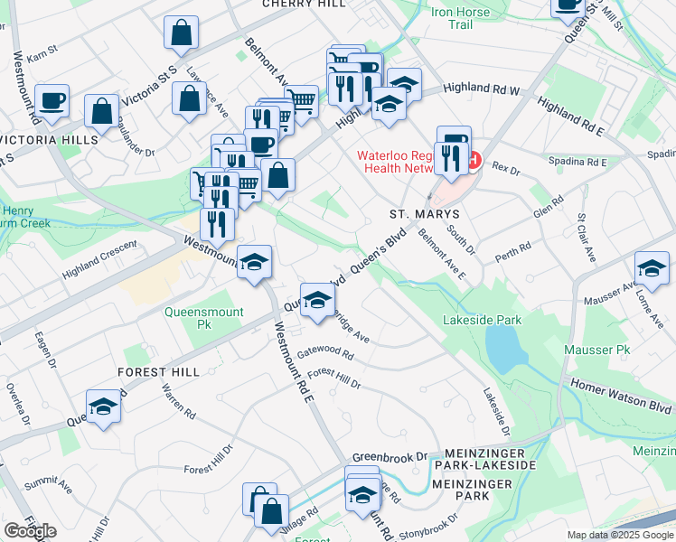 map of restaurants, bars, coffee shops, grocery stores, and more near 1122 Queen's Boulevard in Kitchener