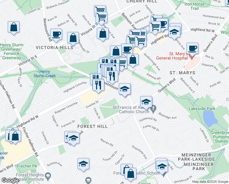 map of restaurants, bars, coffee shops, grocery stores, and more near 443 Highland Road West in Kitchener