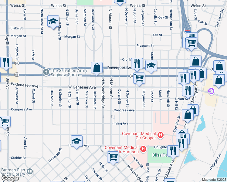 map of restaurants, bars, coffee shops, grocery stores, and more near 1502 West Genesee Avenue in Saginaw