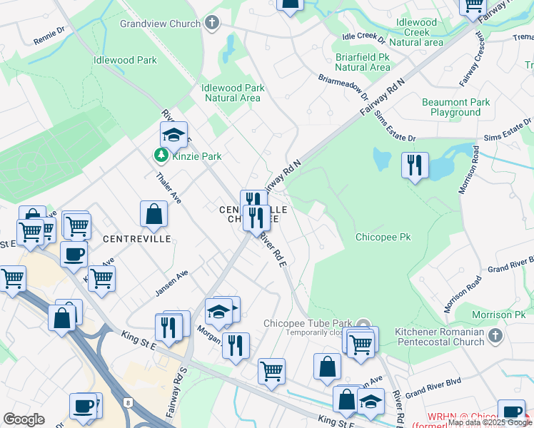 map of restaurants, bars, coffee shops, grocery stores, and more near 293 Fairway Road North in Kitchener