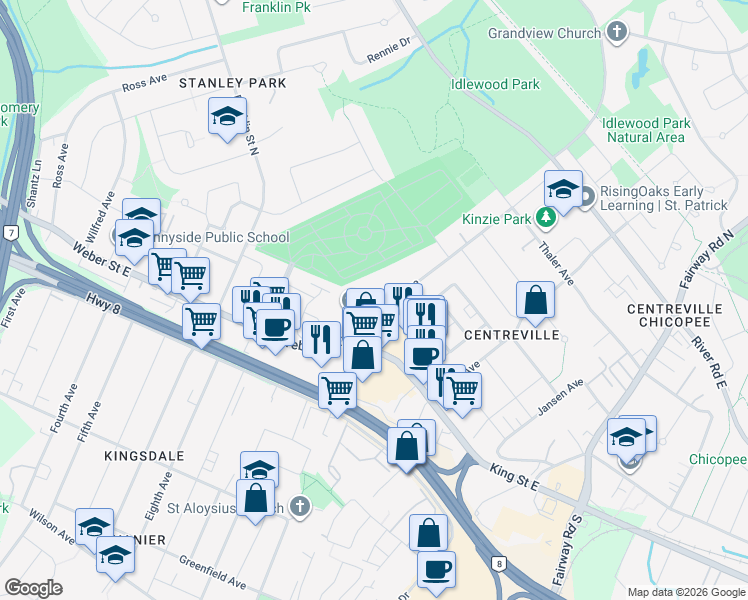 map of restaurants, bars, coffee shops, grocery stores, and more near 110 Fergus Avenue in Kitchener