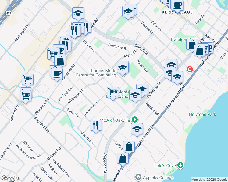 map of restaurants, bars, coffee shops, grocery stores, and more near in Oakville