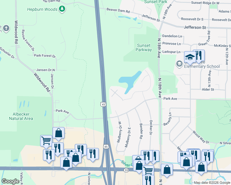 map of restaurants, bars, coffee shops, grocery stores, and more near 2208 Willowbrook Drive in West Bend
