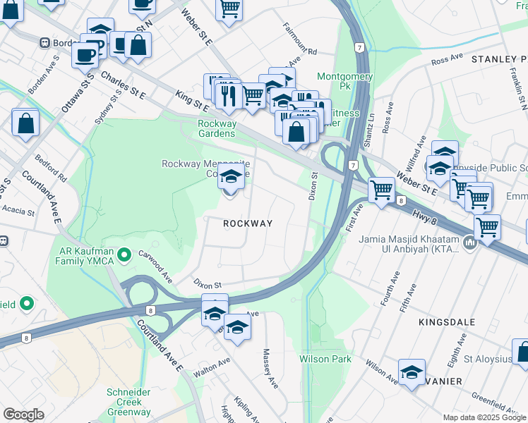 map of restaurants, bars, coffee shops, grocery stores, and more near 31 Cornell Avenue in Kitchener