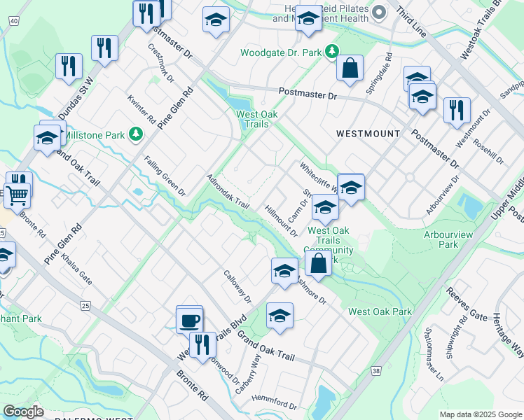 map of restaurants, bars, coffee shops, grocery stores, and more near 2294 Adirondak Trail in Oakville