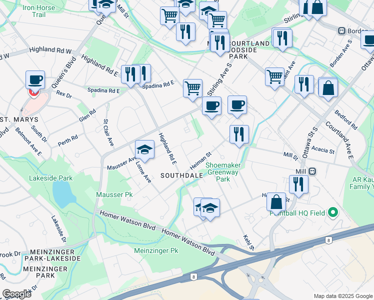 map of restaurants, bars, coffee shops, grocery stores, and more near 35 Charles Best Place in Kitchener