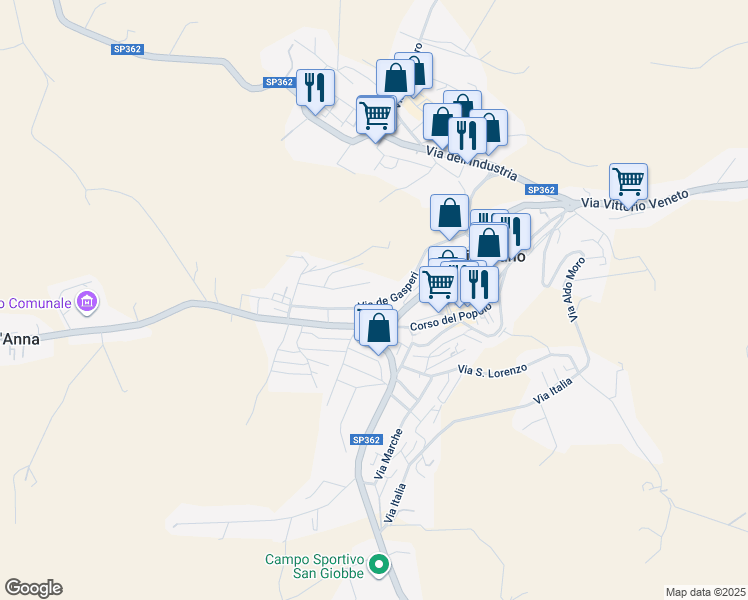 map of restaurants, bars, coffee shops, grocery stores, and more near 44 Via Giulia Fonte in Filottrano