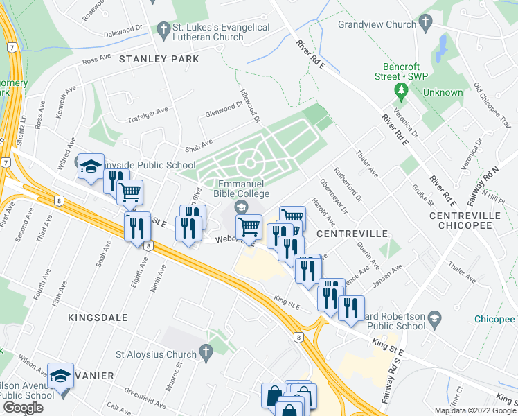 map of restaurants, bars, coffee shops, grocery stores, and more near 142 Fergus Avenue in Kitchener