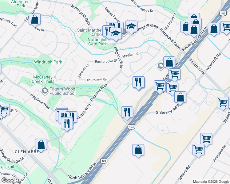 map of restaurants, bars, coffee shops, grocery stores, and more near 1181 Potters Wheel Crescent in Oakville