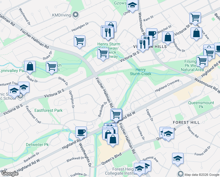 map of restaurants, bars, coffee shops, grocery stores, and more near 22 Calais Place in Kitchener