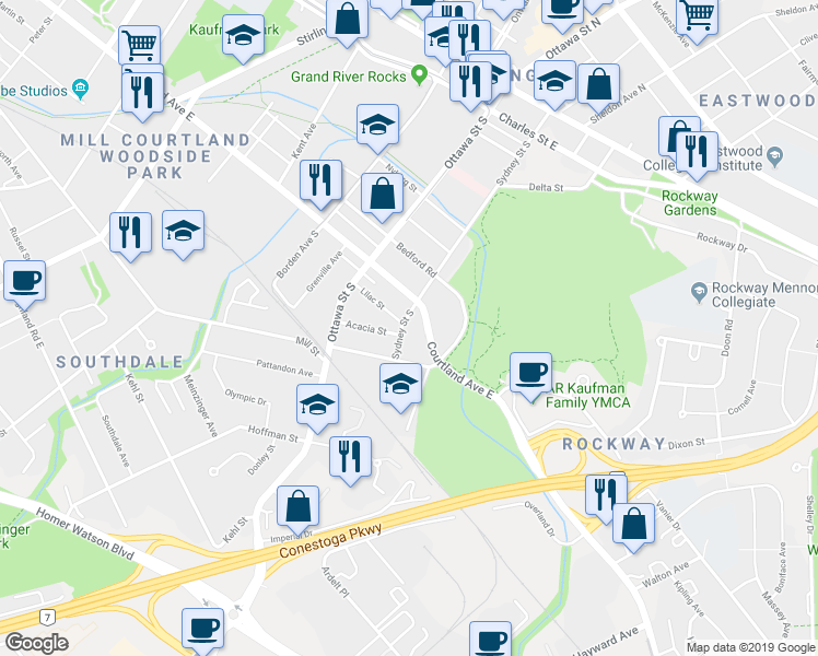 map of restaurants, bars, coffee shops, grocery stores, and more near 253 Sydney Street South in Kitchener