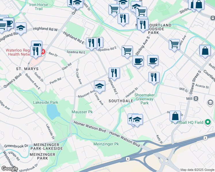 map of restaurants, bars, coffee shops, grocery stores, and more near 104 Mausser Avenue in Kitchener