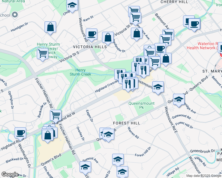 map of restaurants, bars, coffee shops, grocery stores, and more near 78 Highland Crescent in Kitchener