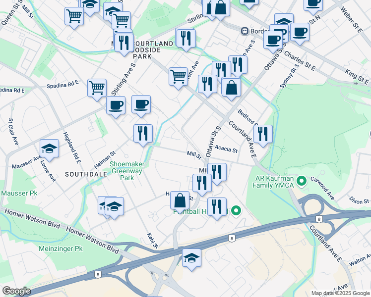map of restaurants, bars, coffee shops, grocery stores, and more near 400 Mill Street in Kitchener