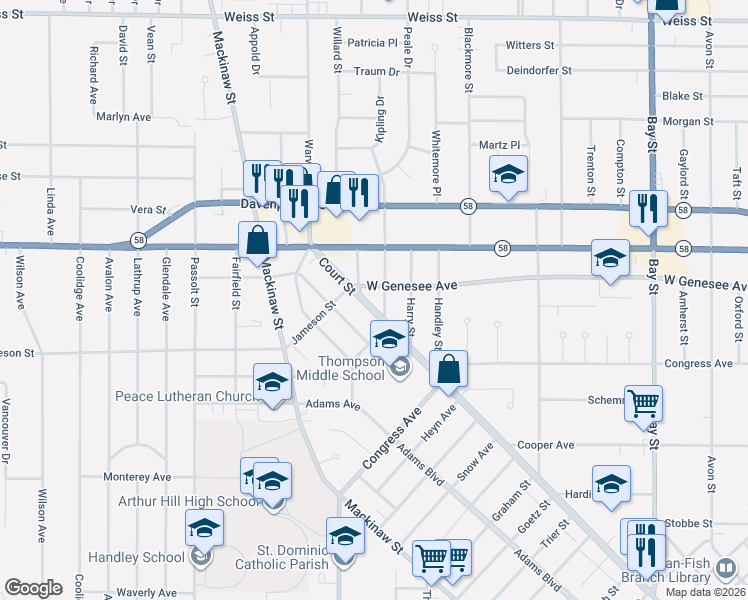 map of restaurants, bars, coffee shops, grocery stores, and more near 3400 Court Street in Saginaw