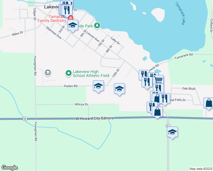 map of restaurants, bars, coffee shops, grocery stores, and more near 9098 Paden Road in Lakeview