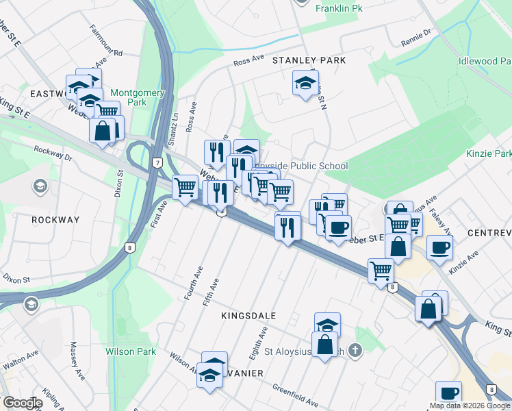 map of restaurants, bars, coffee shops, grocery stores, and more near 1077 Weber Street East in Kitchener