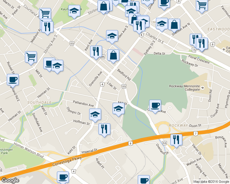 map of restaurants, bars, coffee shops, grocery stores, and more near in Kitchener
