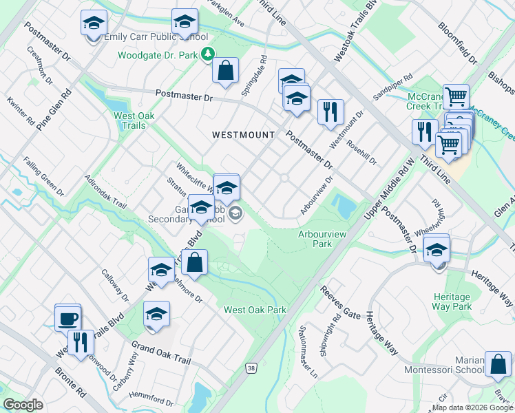 map of restaurants, bars, coffee shops, grocery stores, and more near 2226 Arbourview Drive in Oakville