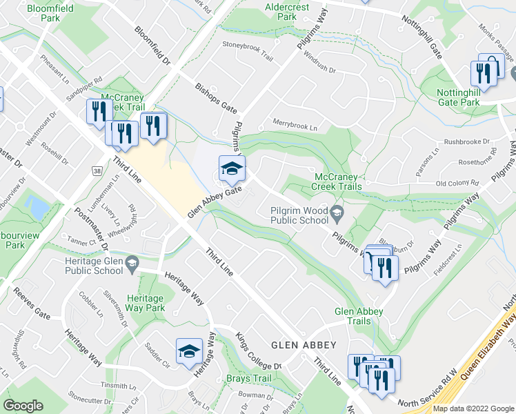 map of restaurants, bars, coffee shops, grocery stores, and more near 1356 Mapleridge Crescent in Oakville