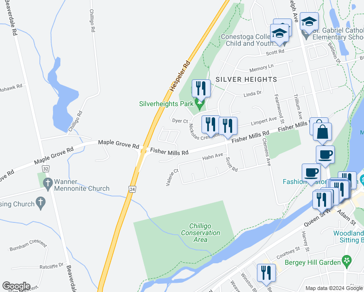 map of restaurants, bars, coffee shops, grocery stores, and more near 345 Fisher Mills Road in Cambridge