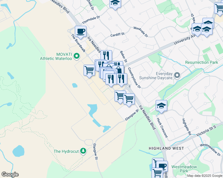 map of restaurants, bars, coffee shops, grocery stores, and more near in Kitchener