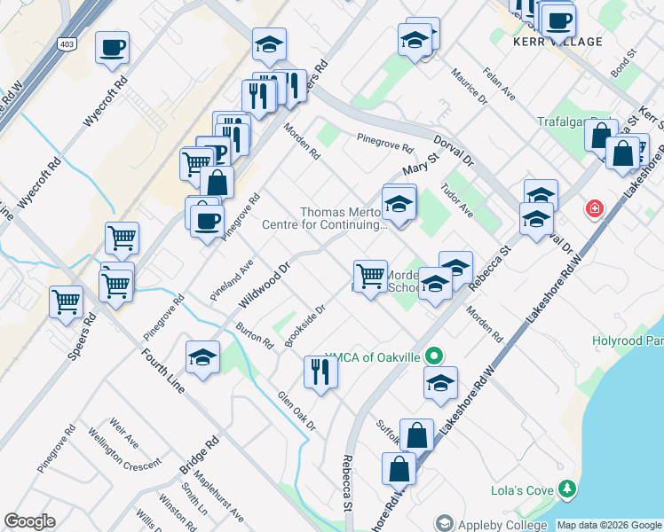 map of restaurants, bars, coffee shops, grocery stores, and more near in Oakville