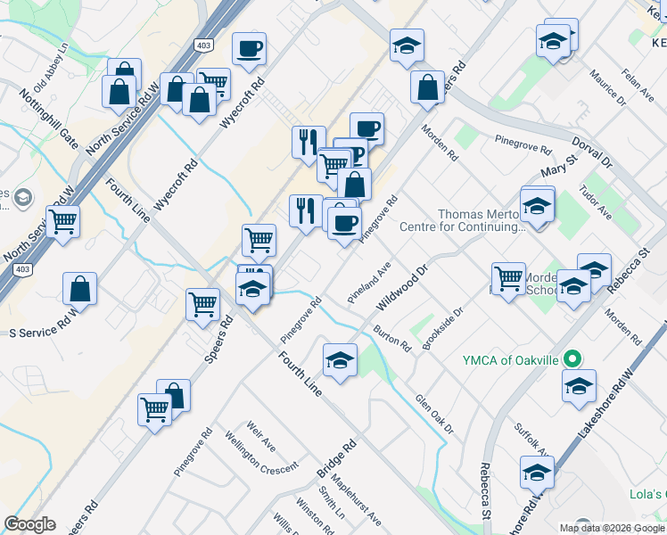 map of restaurants, bars, coffee shops, grocery stores, and more near 523 Pinegrove Road in Oakville