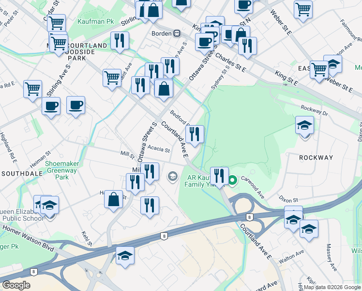 map of restaurants, bars, coffee shops, grocery stores, and more near 525 Courtland Avenue East in Kitchener