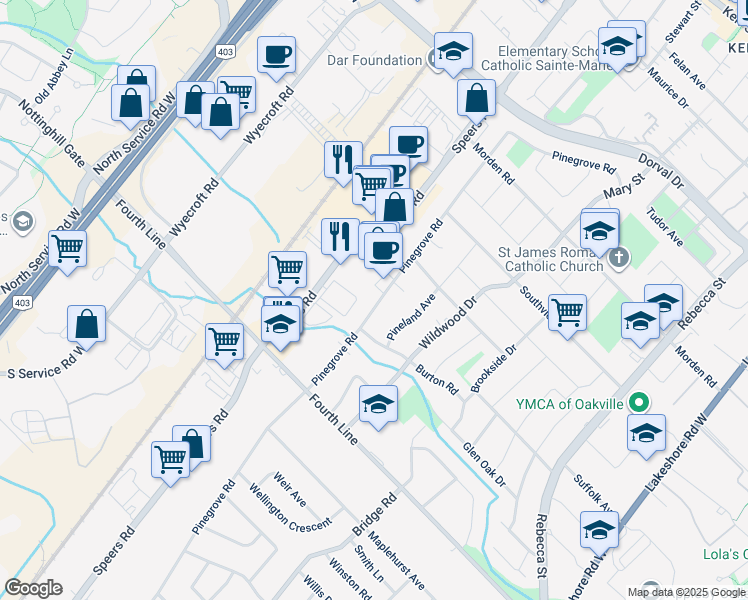 map of restaurants, bars, coffee shops, grocery stores, and more near 499 Pinegrove Road in Oakville