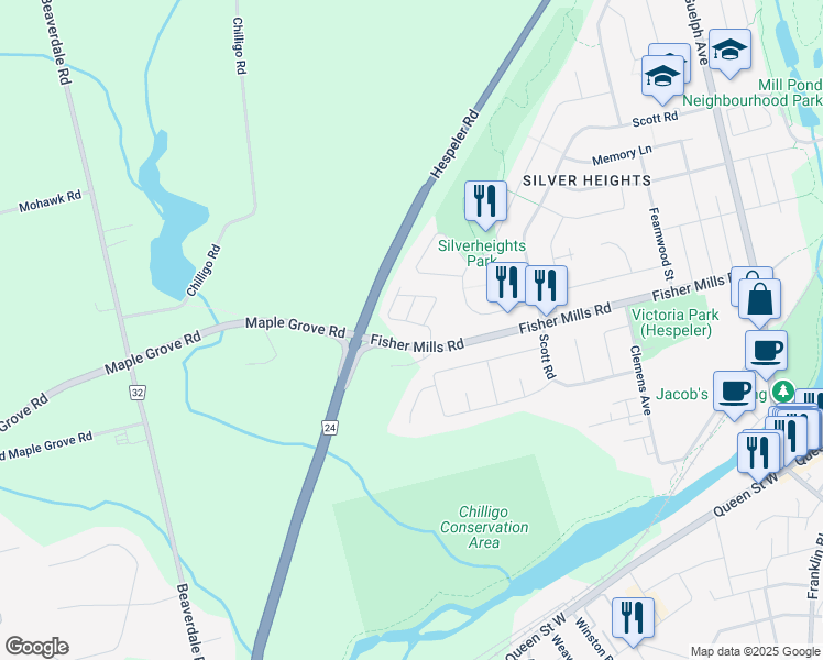 map of restaurants, bars, coffee shops, grocery stores, and more near 345 Fisher Mills Road in Cambridge