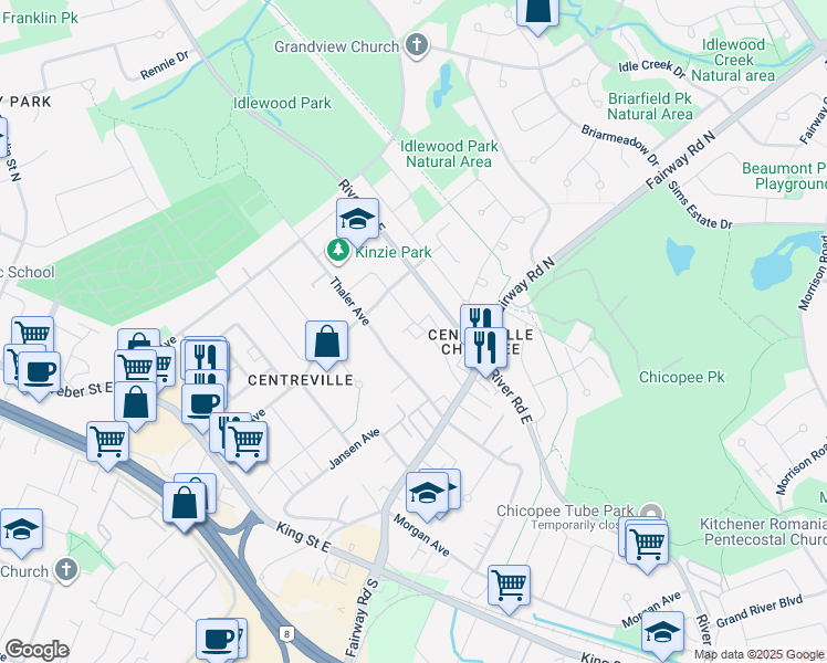 map of restaurants, bars, coffee shops, grocery stores, and more near 171 Grulke Street in Kitchener
