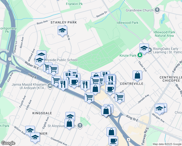 map of restaurants, bars, coffee shops, grocery stores, and more near 110 Fergus Avenue in Kitchener