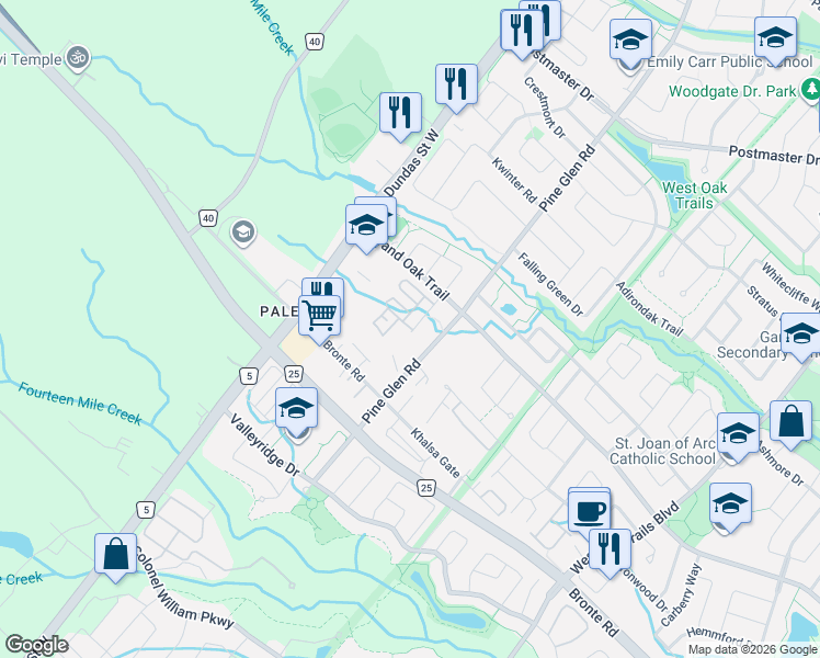 map of restaurants, bars, coffee shops, grocery stores, and more near 2441 Greenwich Drive in Oakville