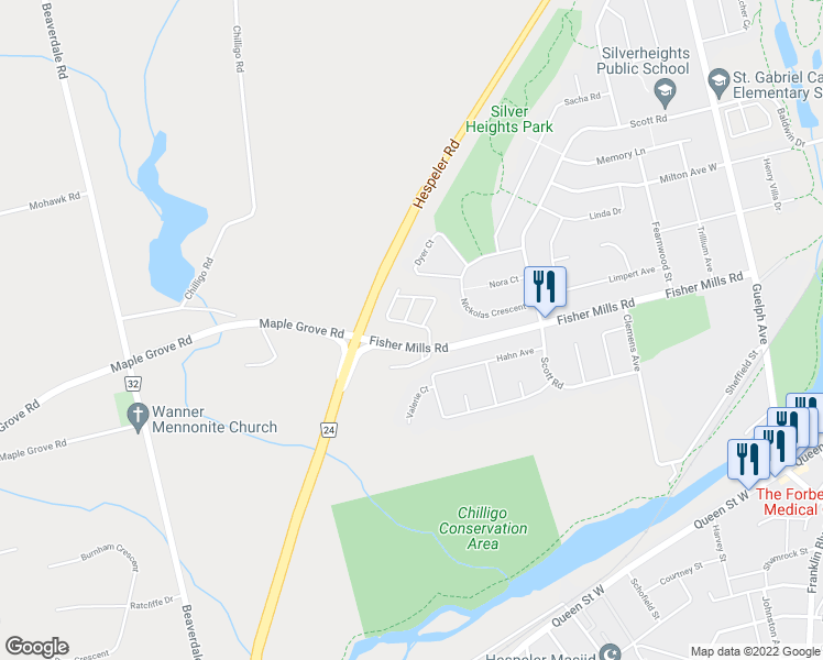 map of restaurants, bars, coffee shops, grocery stores, and more near 345 Fisher Mills Road in Cambridge