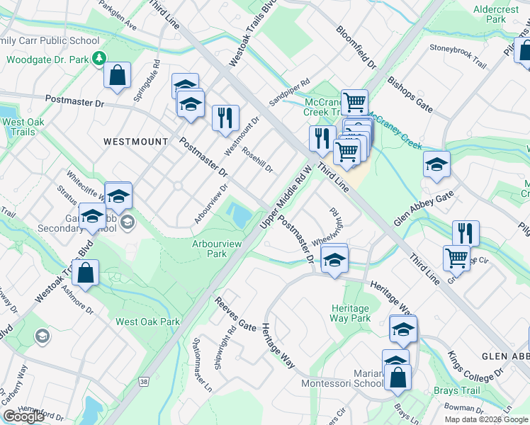 map of restaurants, bars, coffee shops, grocery stores, and more near 2004 Postmaster Drive in Oakville