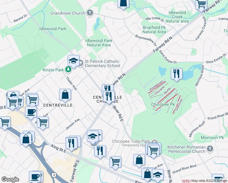 map of restaurants, bars, coffee shops, grocery stores, and more near 293 Fairway Road North in Kitchener
