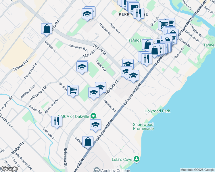 map of restaurants, bars, coffee shops, grocery stores, and more near 176 Weybourne Road in Oakville