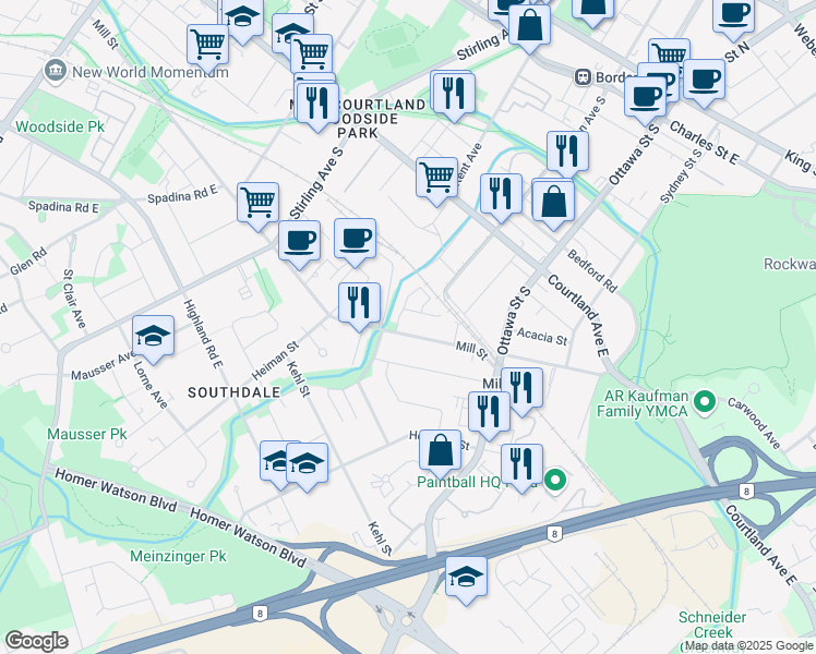 map of restaurants, bars, coffee shops, grocery stores, and more near 344 Mill Street in Kitchener