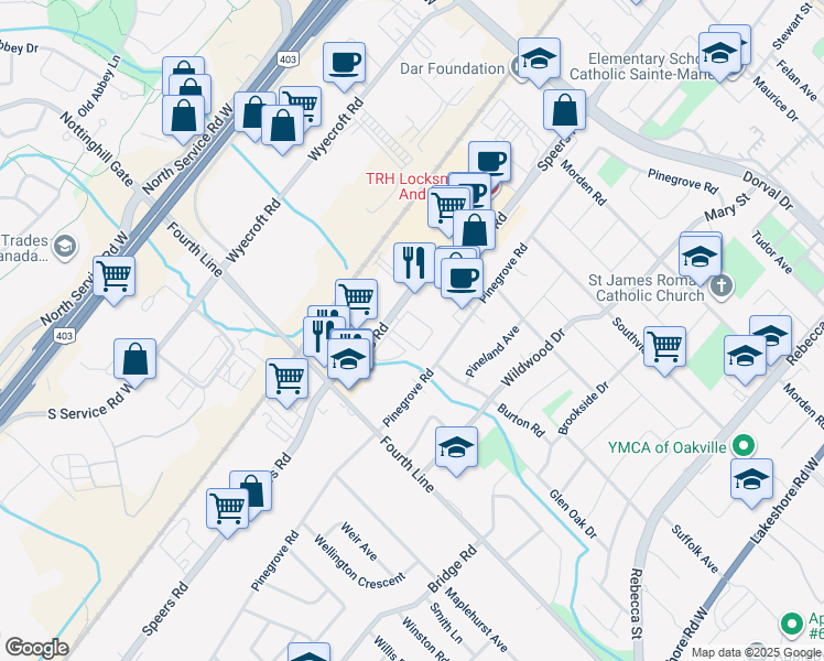map of restaurants, bars, coffee shops, grocery stores, and more near in Oakville