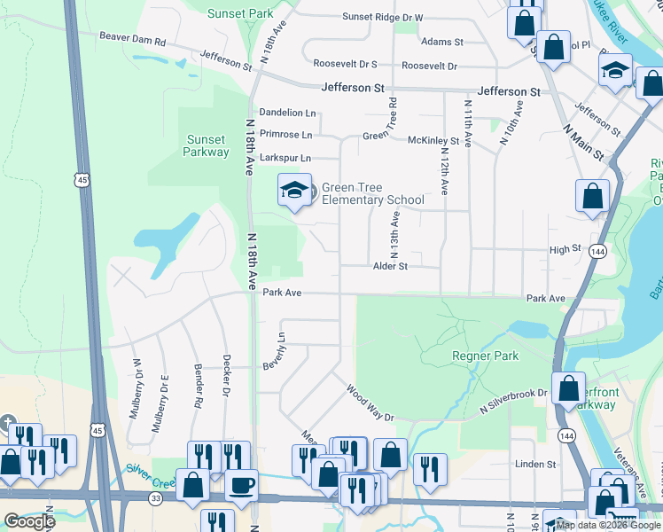 map of restaurants, bars, coffee shops, grocery stores, and more near 1137 Green Tree Road in West Bend