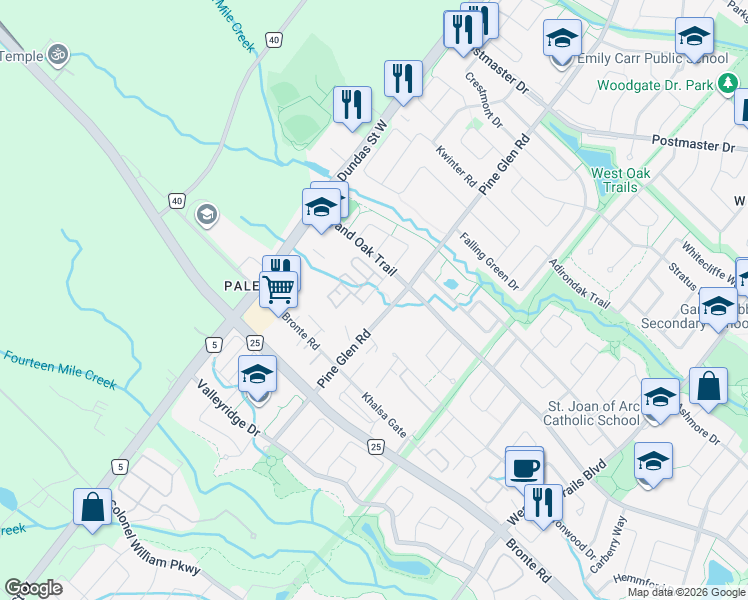 map of restaurants, bars, coffee shops, grocery stores, and more near 2440 Greenwich Drive in Oakville