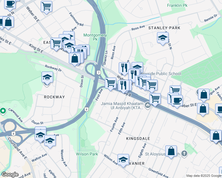 map of restaurants, bars, coffee shops, grocery stores, and more near 2nd Avenue in Kitchener