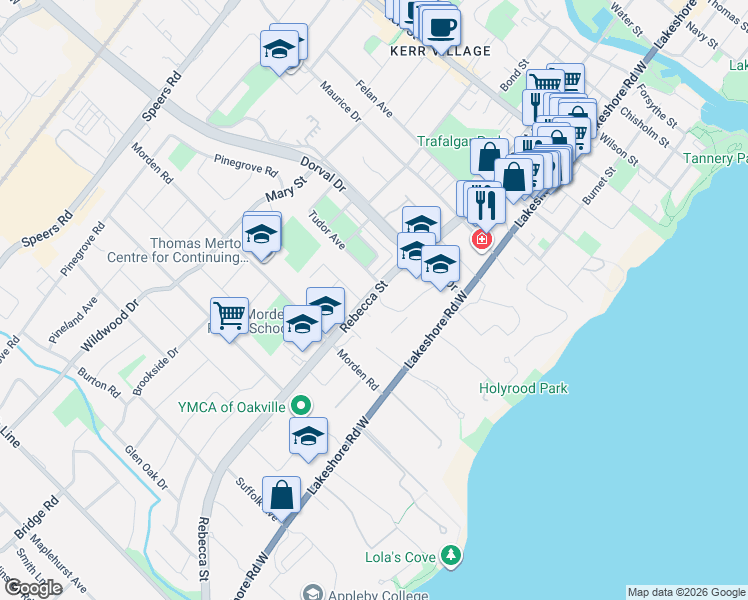 map of restaurants, bars, coffee shops, grocery stores, and more near 304 Rebecca Street in Oakville