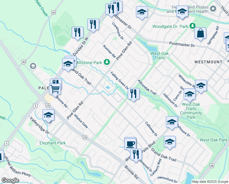 map of restaurants, bars, coffee shops, grocery stores, and more near 2383 Calloway Drive in Oakville