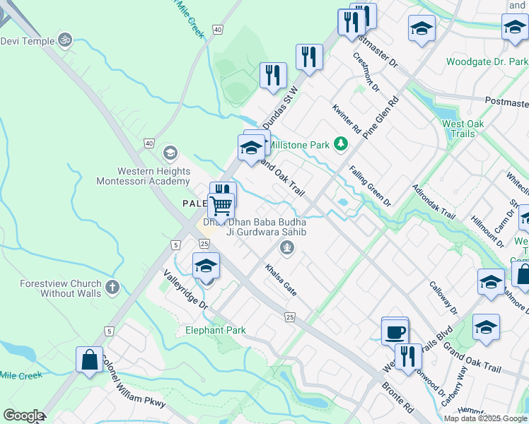 map of restaurants, bars, coffee shops, grocery stores, and more near in Oakville