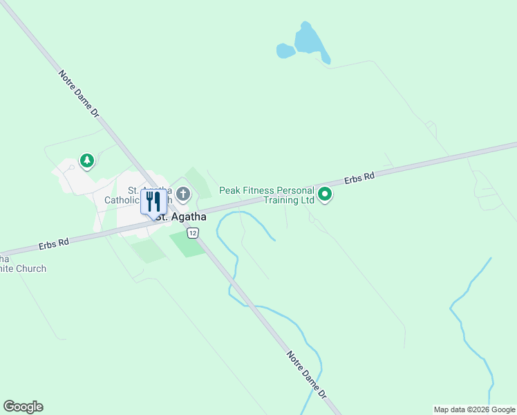 map of restaurants, bars, coffee shops, grocery stores, and more near 1651 Erbs Road in Saint Agatha