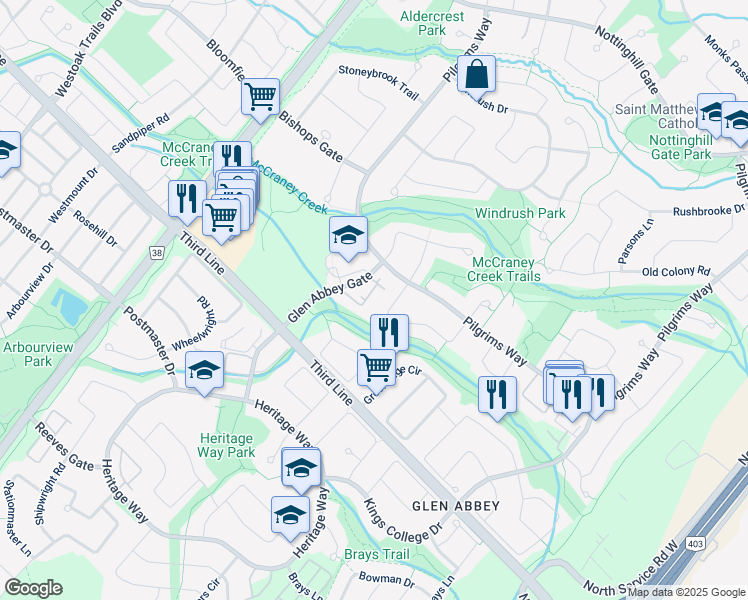 map of restaurants, bars, coffee shops, grocery stores, and more near 1450 Glen Abbey Gate in Oakville